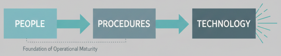 Operational maturity flow showing security operations approach starting from people, procedures, and technology as sequential building blocks in security operations