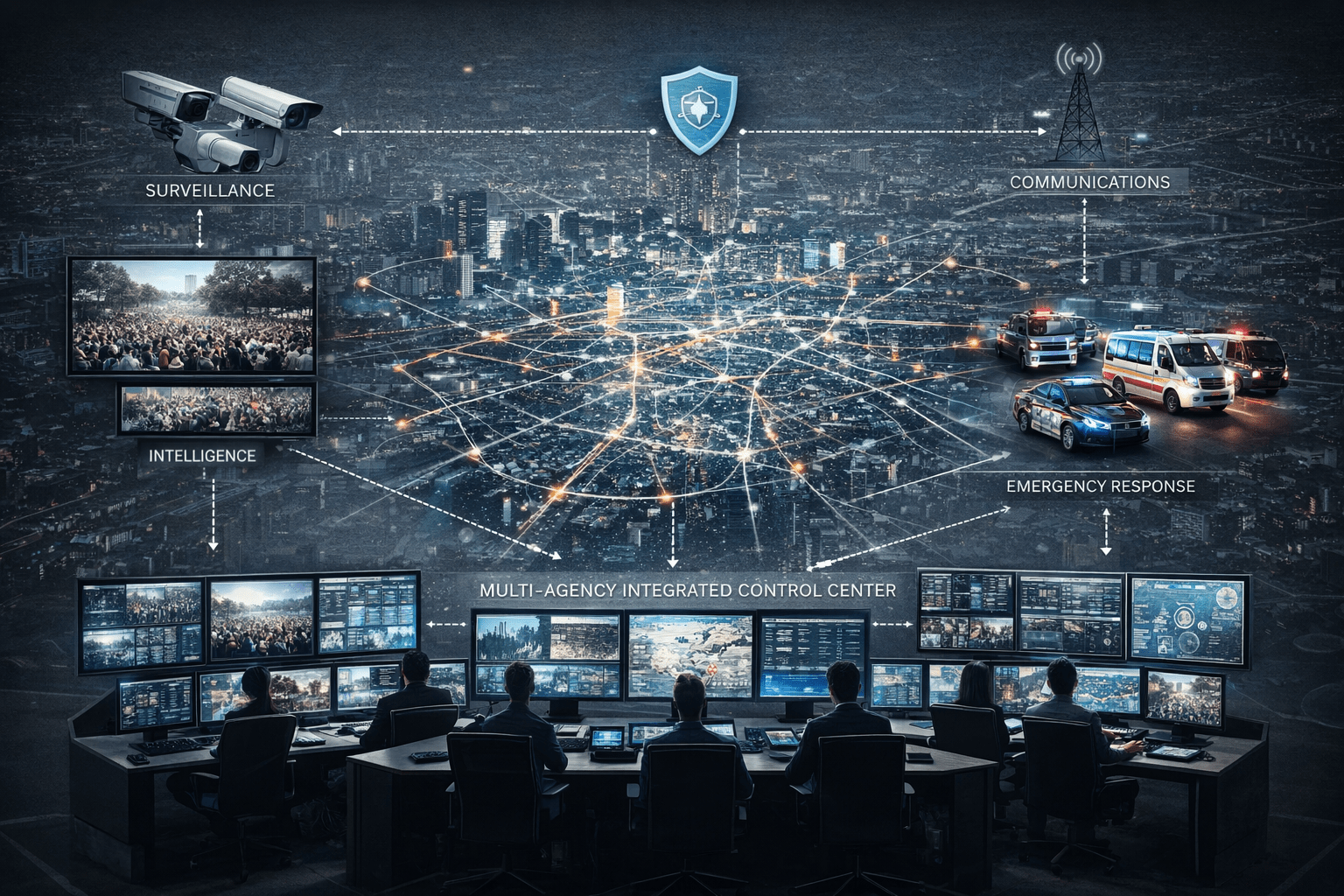 C4I Integrated Control Center for Mega Events showing integrated surveillance, communications, and emergency response coordination