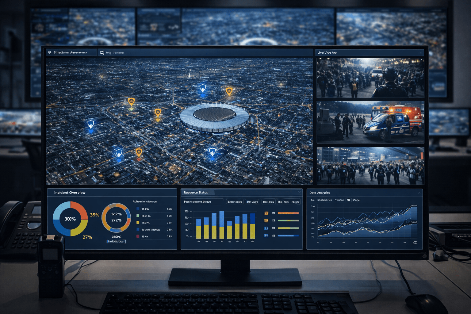 C4I situational awareness dashboard showing real-time incident tracking, live video feeds, and operational analytics for a mega event