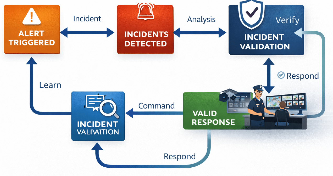 Incident lifecycle workflow in an integrated operations center showing detection, verification, response, escalation, and closure