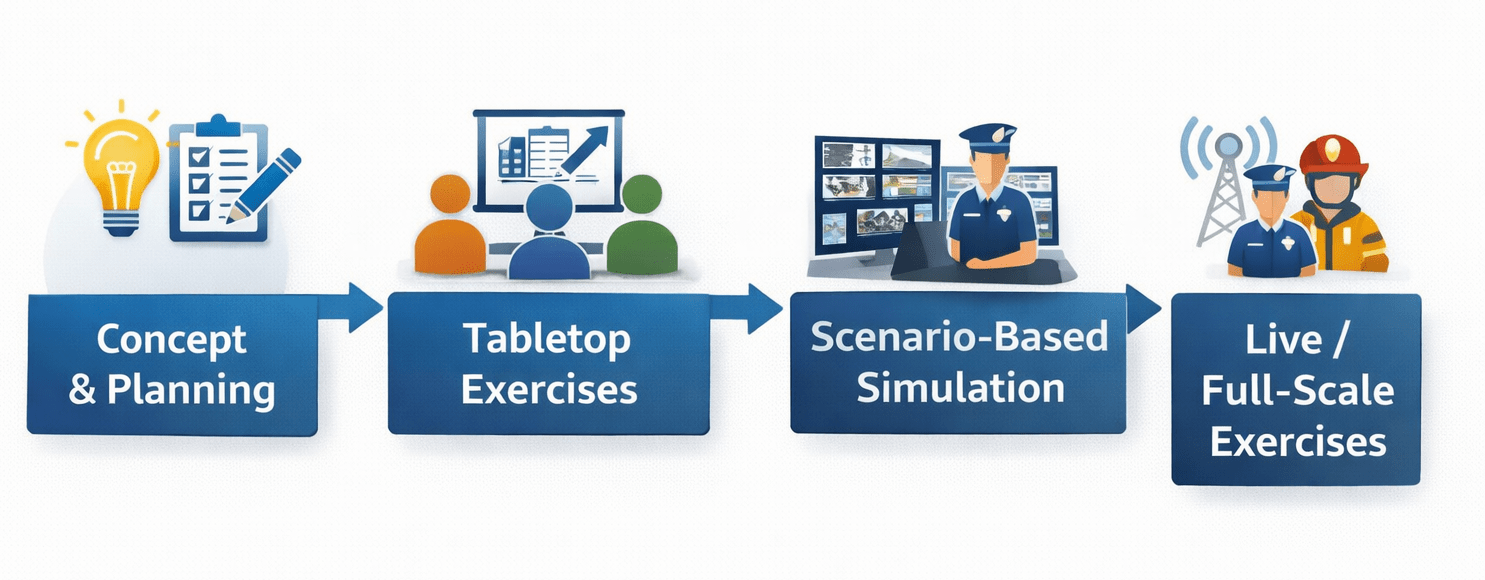Operational readiness progression in a control room showing concept planning, tabletop exercises, simulation, and live exercises