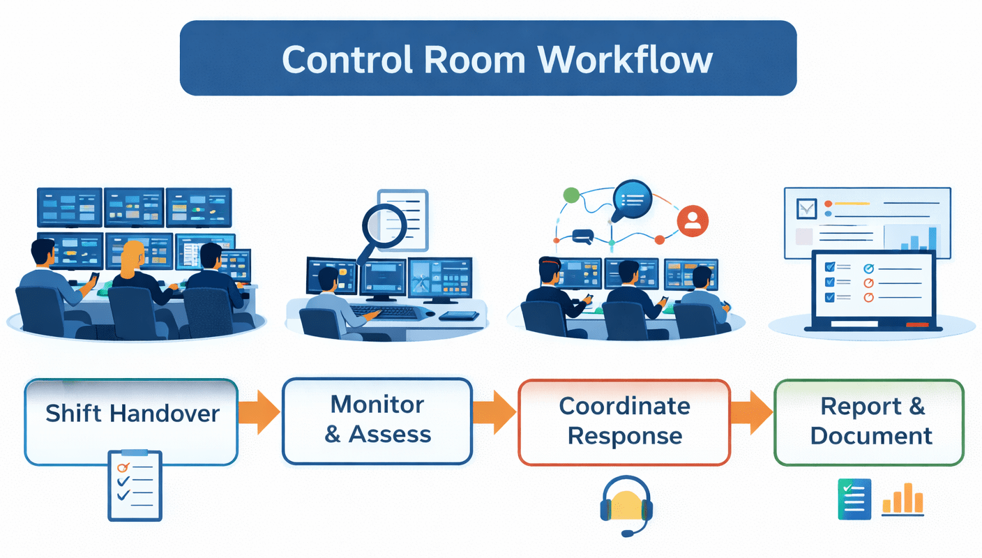 Control room workflow showing shift handover, monitoring, coordination, and reporting during routine operations