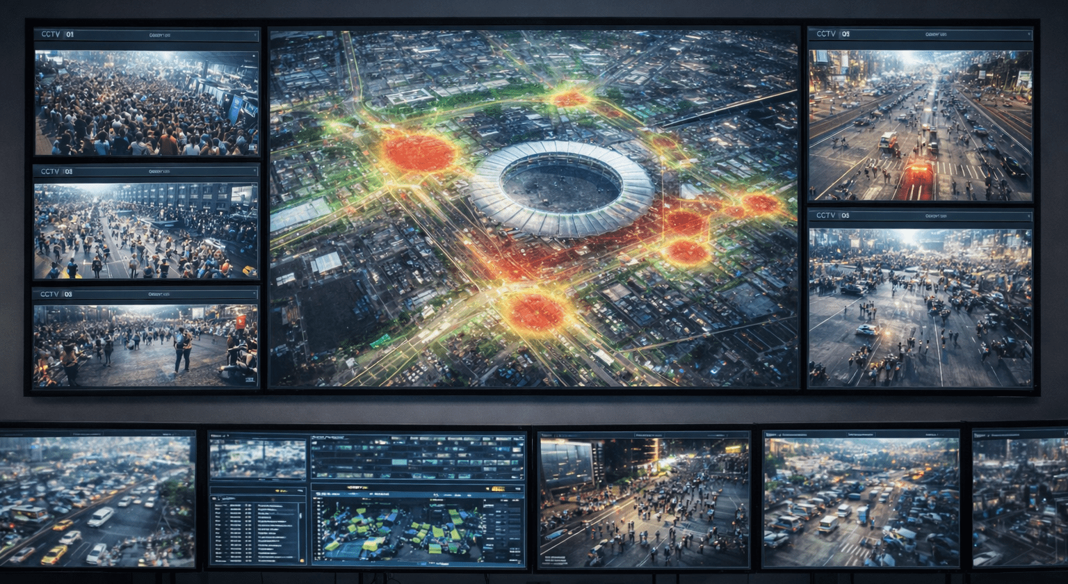 CCTV video wall showing crowd density heatmap and mobility patterns around a mega event venue