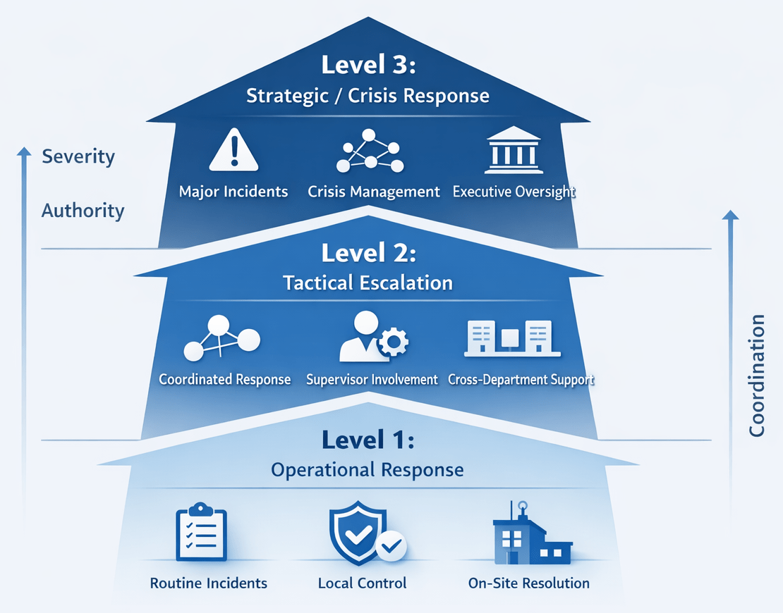 Three-level incident escalation model for control room operations showing operational, tactical, and strategic response levels