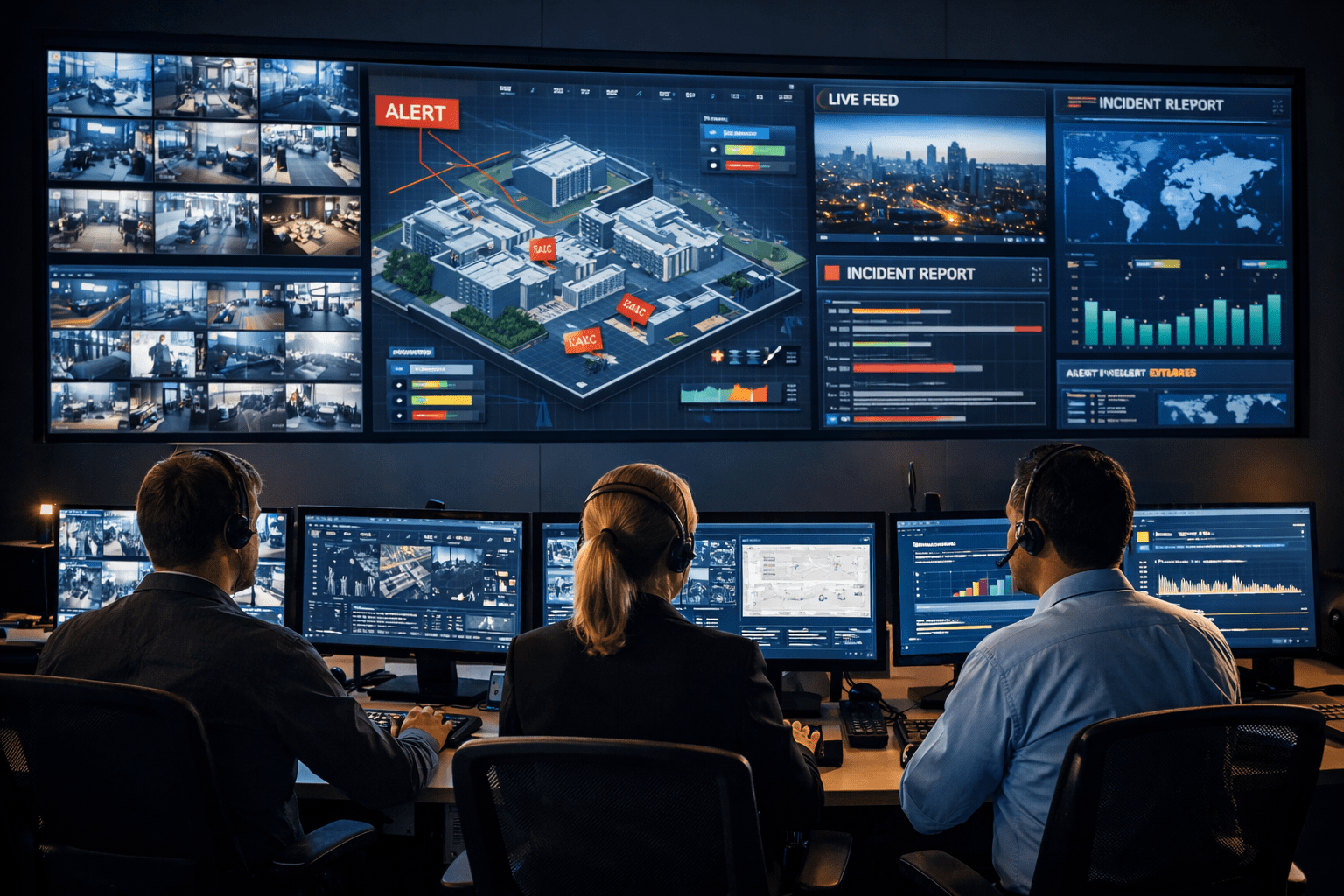 Integrated control center with operators monitoring security, safety, and facility systems on a shared video wall