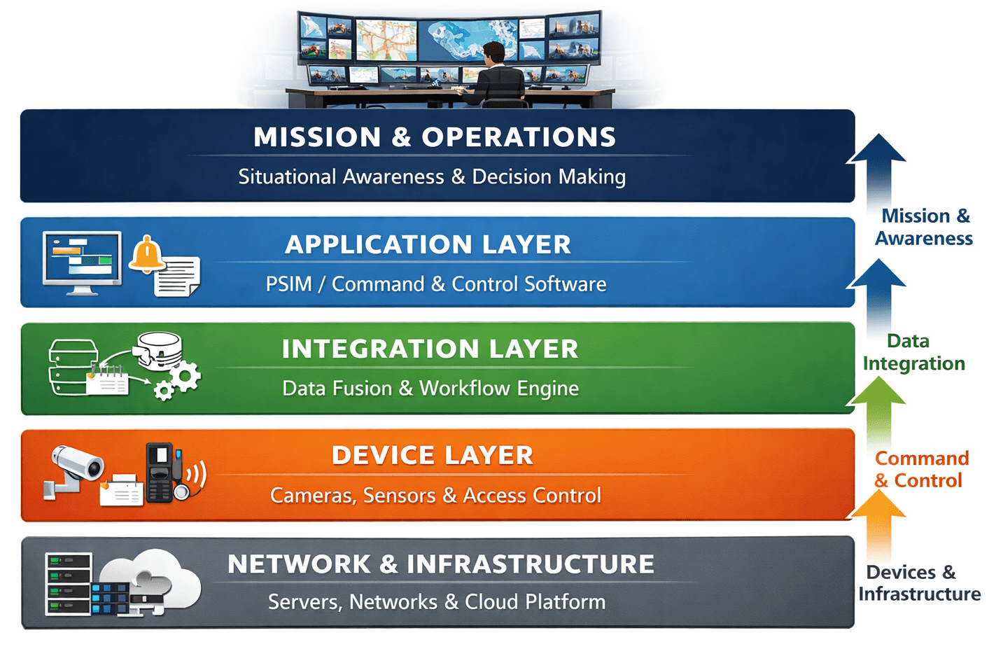 Integrated operations center architecture showing layered design with field systems, integration layer, PSIM platform, and operational decision layer