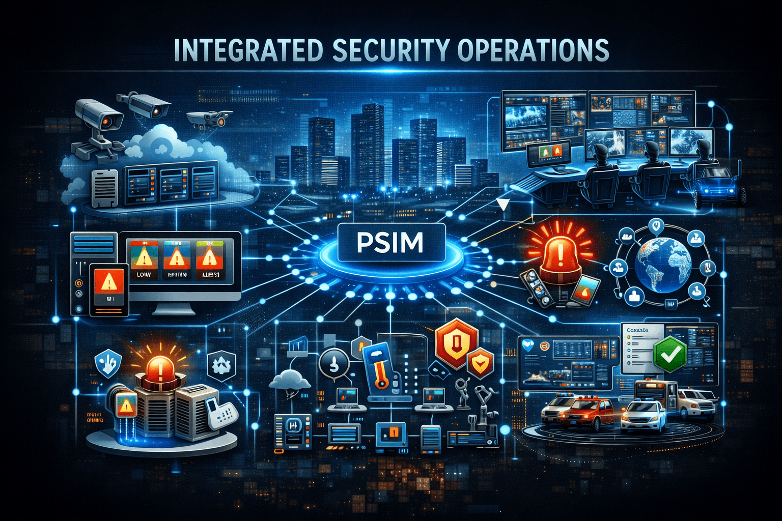 Integrated security operations center using PSIM showing connected systems including CCTV, alarms, communication, and coordinated response across a city environment