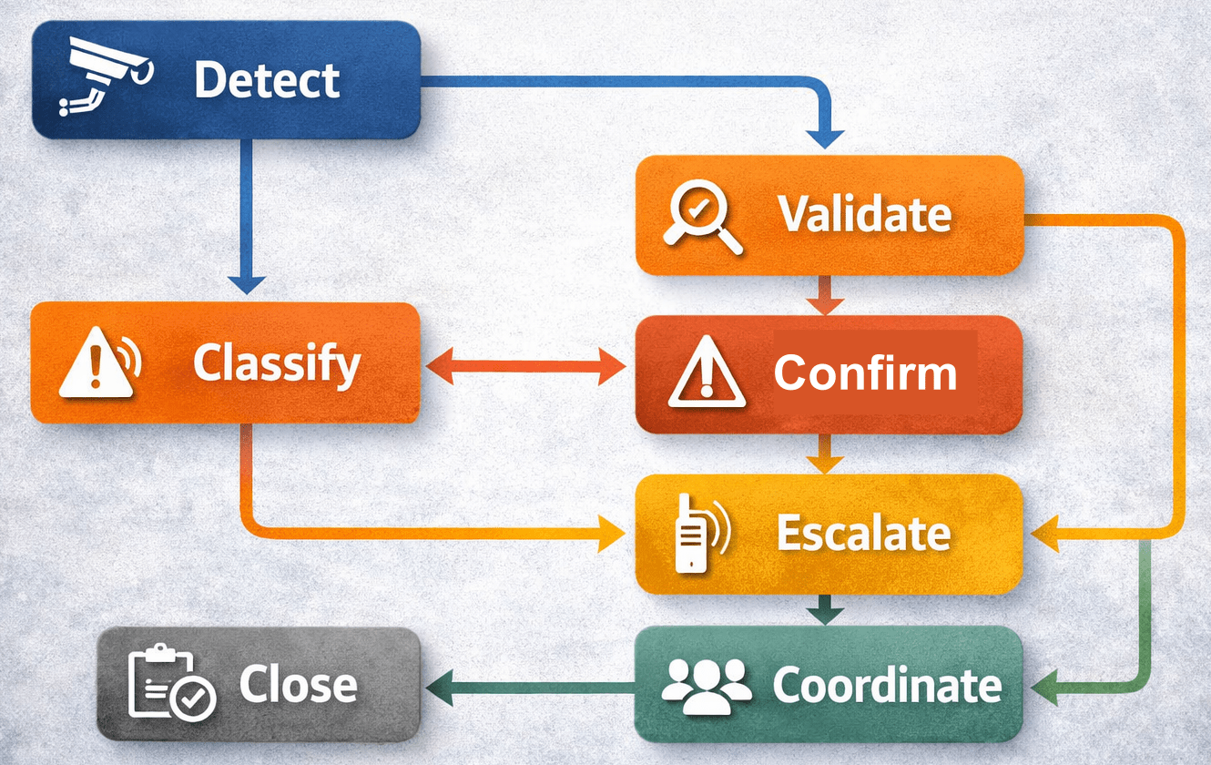 PSIM incident management workflow showing detection, validation, classification, escalation, coordination, and closure of security incidents