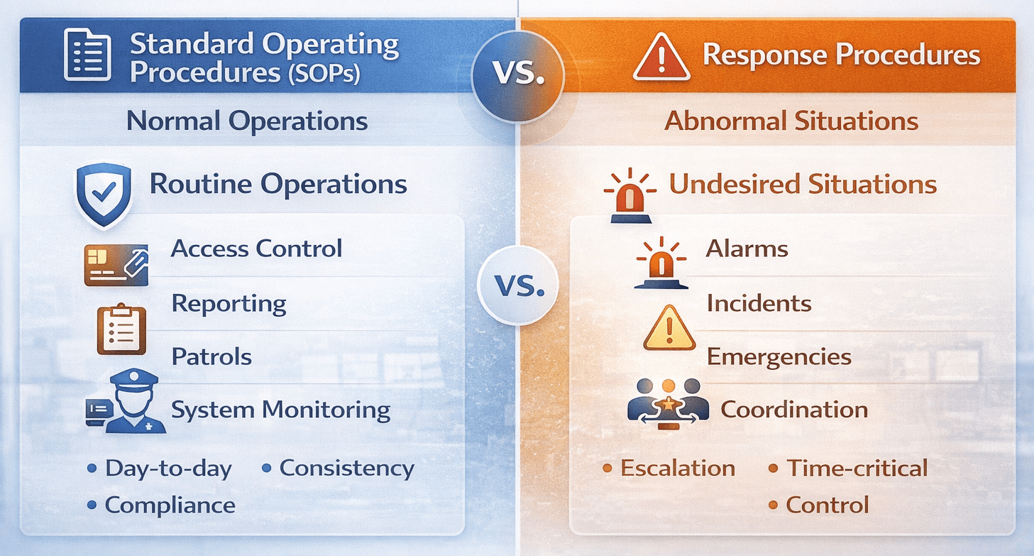 Difference between standard operating procedures and response procedures showing normal operations versus abnormal situations in control rooms