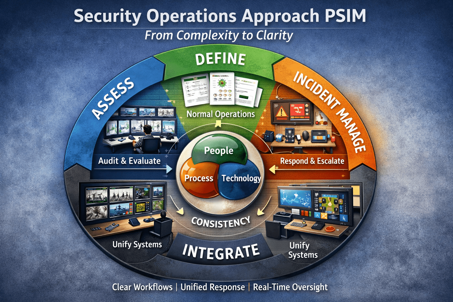 Security operations approach PSIM framework showing assessment, normal operations, incident management, and integration with people, process, and technology