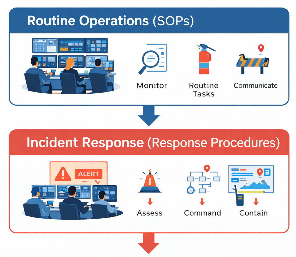 Diagram showing difference between routine control room SOP operations and incident response procedures